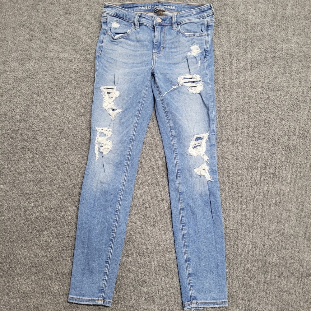 American Eagle Jeans Womens Size 4 Short Blue Distressed Skinny Stretch Denim